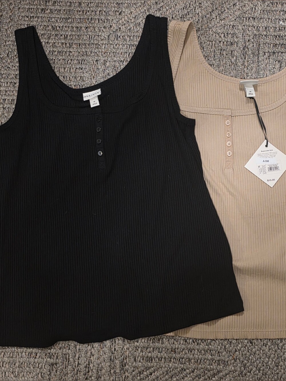 Ava & Viv Ribbed Henley Tank - Black & Beige Bundle